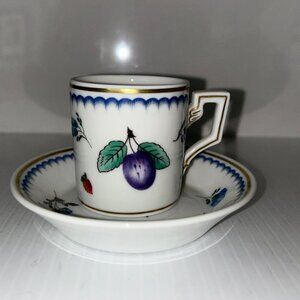 Richard Ginori Italy Demitasse Cup & Saucer Hand Painted Fruit Blue Border, VT